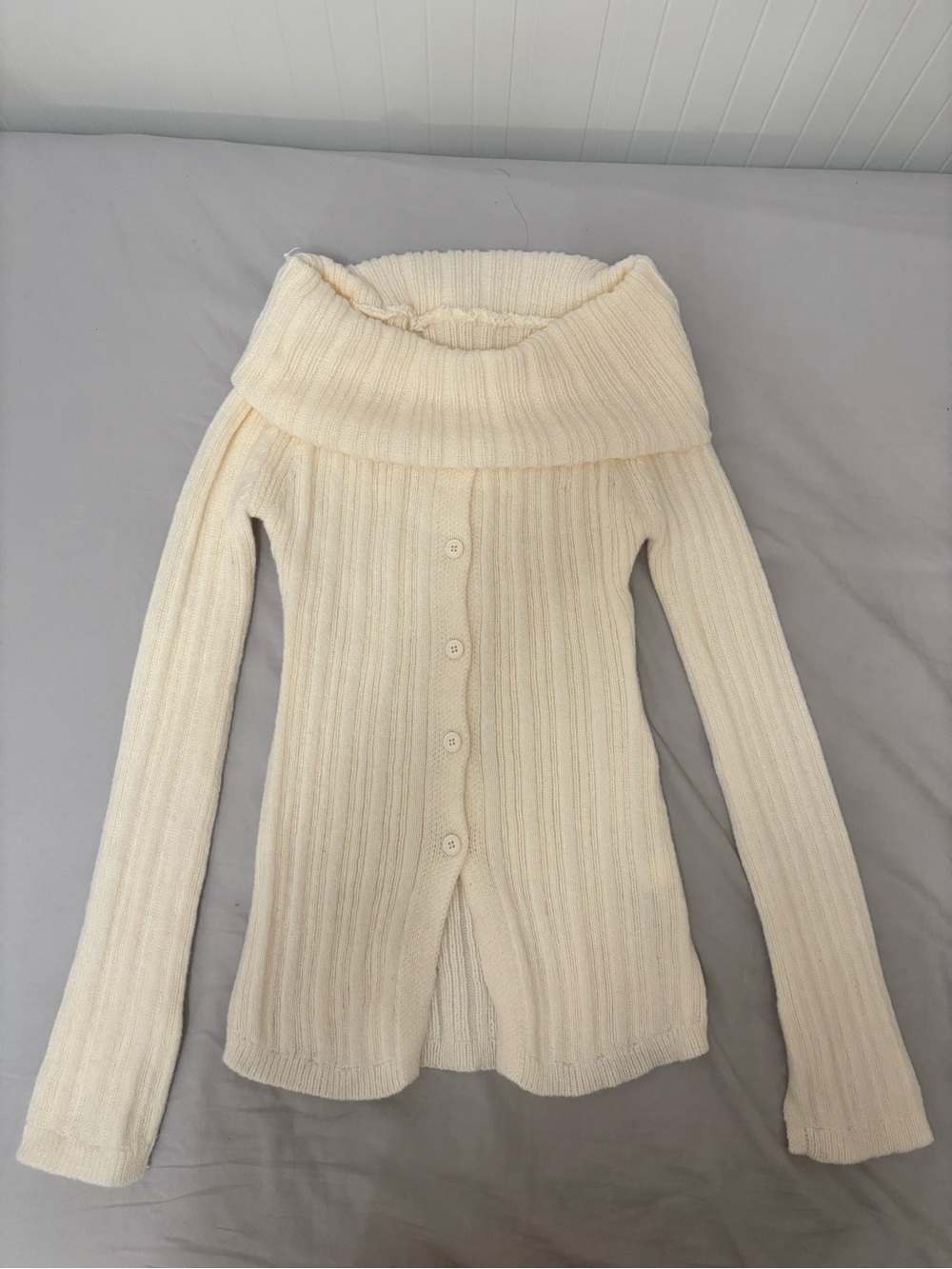 YesStyle Cream Off-Shoulder Ribbed Button-Up Sweater